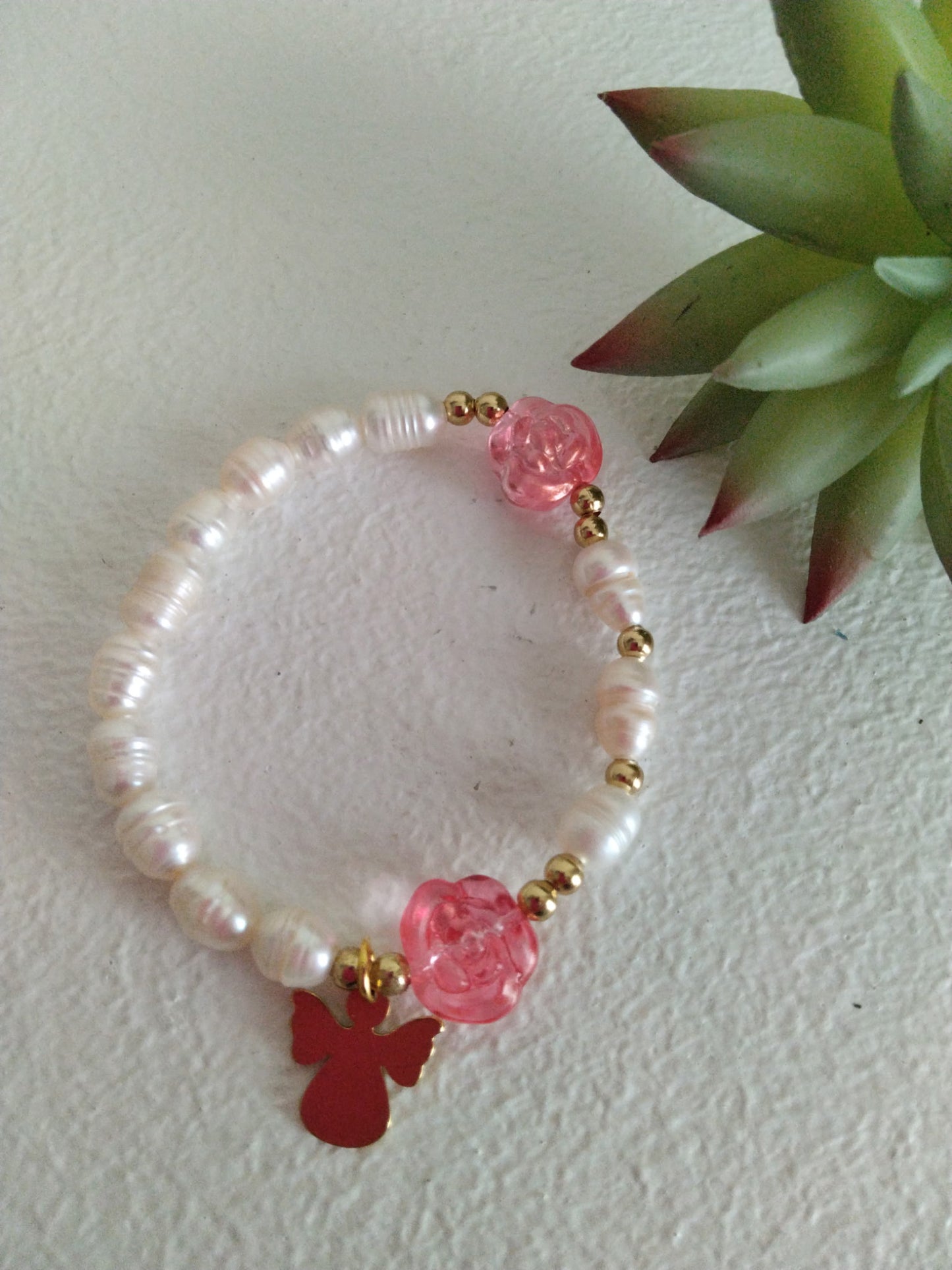 Elastic Decenary Bracelet with Natural Pearls and Angel Charm