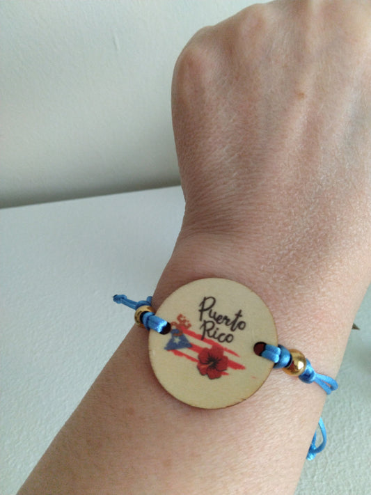 Handmade adjustable bracelet Puerto Rico Flag & Maga flower and "coqui" design